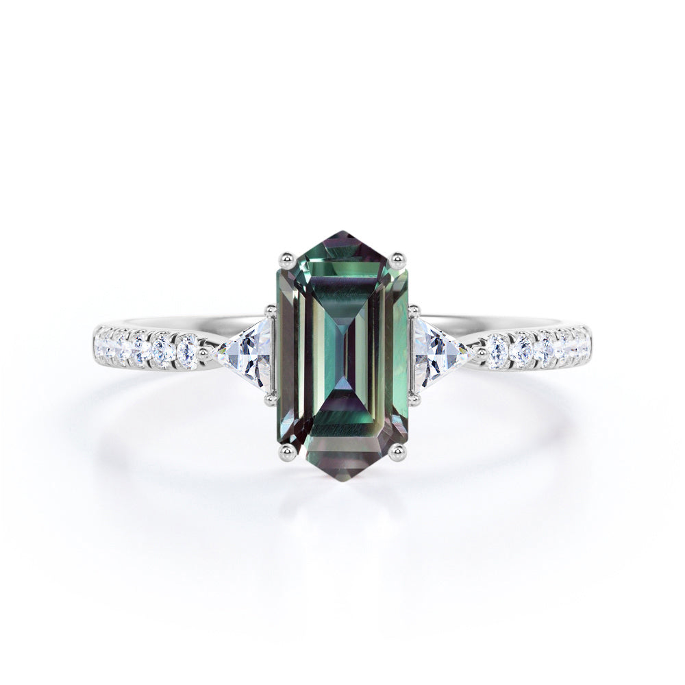 Pave three stone1.25 carat Hexagon shaped Synthetic Alexandrite and diamond trillion engagement ring in White gold