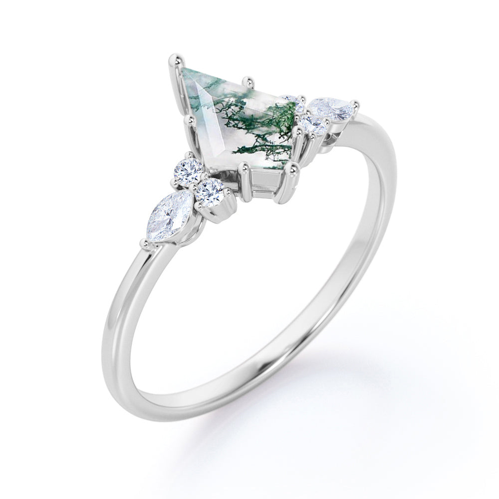 Vintage Seven stone 1.1 carat Kite shaped Moss green Agate and diamond prong style engagement ring in White gold
