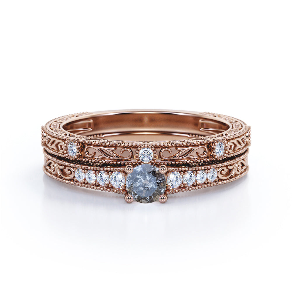 Flawless Edwardian art deco 0.7 carat Round cut Salt and pepper diamond and White diamond filigree wedding ring set in Rose gold