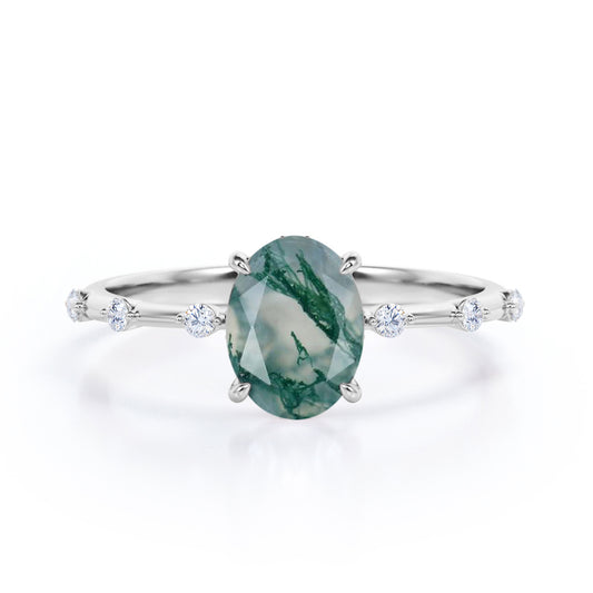 Branch Twig inspired 1.1 carat Moss Green Agate and diamond claw prong engagement ring in White gold