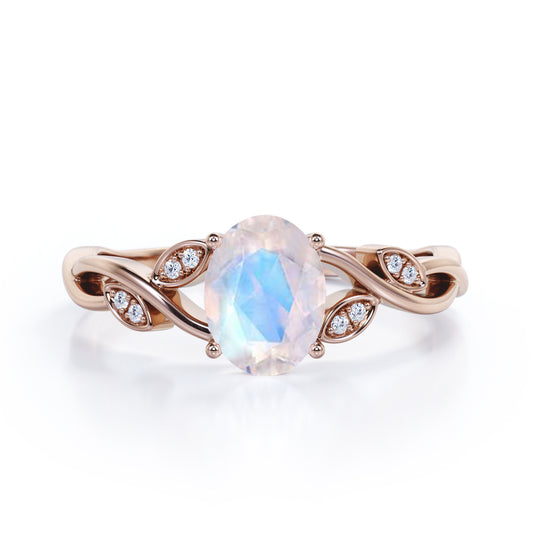 Twisted Vine 1.15 carat Oval cut Rainbow Moonstone and diamond forest inspired engagement ring in Rose gold