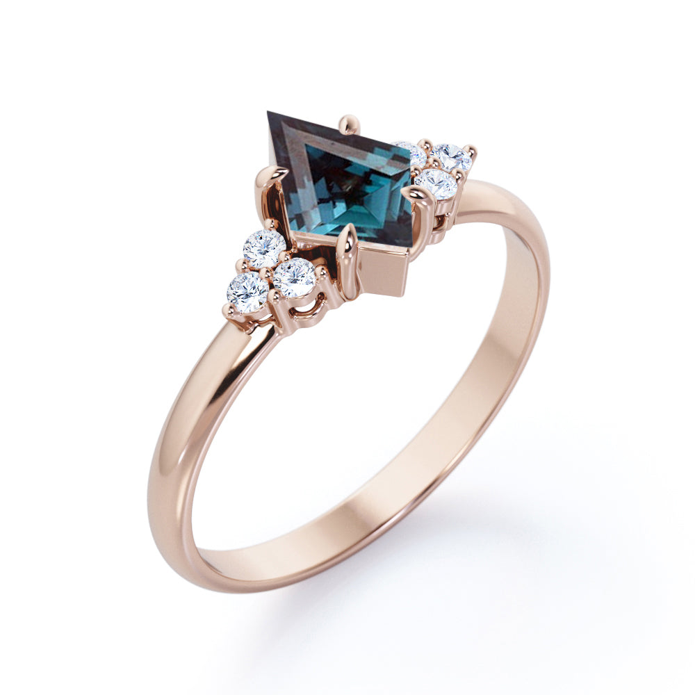 Eccentric Claw prong 1.1 carat Kite shaped Synthetic Alexandrite and diamond multistone engagement ring in Rose gold