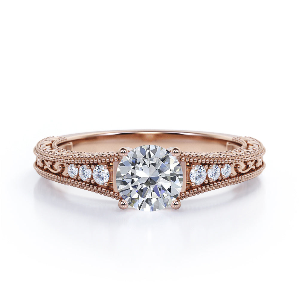 Vintage Tapered style 1.1 carat Round cut Moissanite and diamond Edwardian filigree engagement ring in rose gold