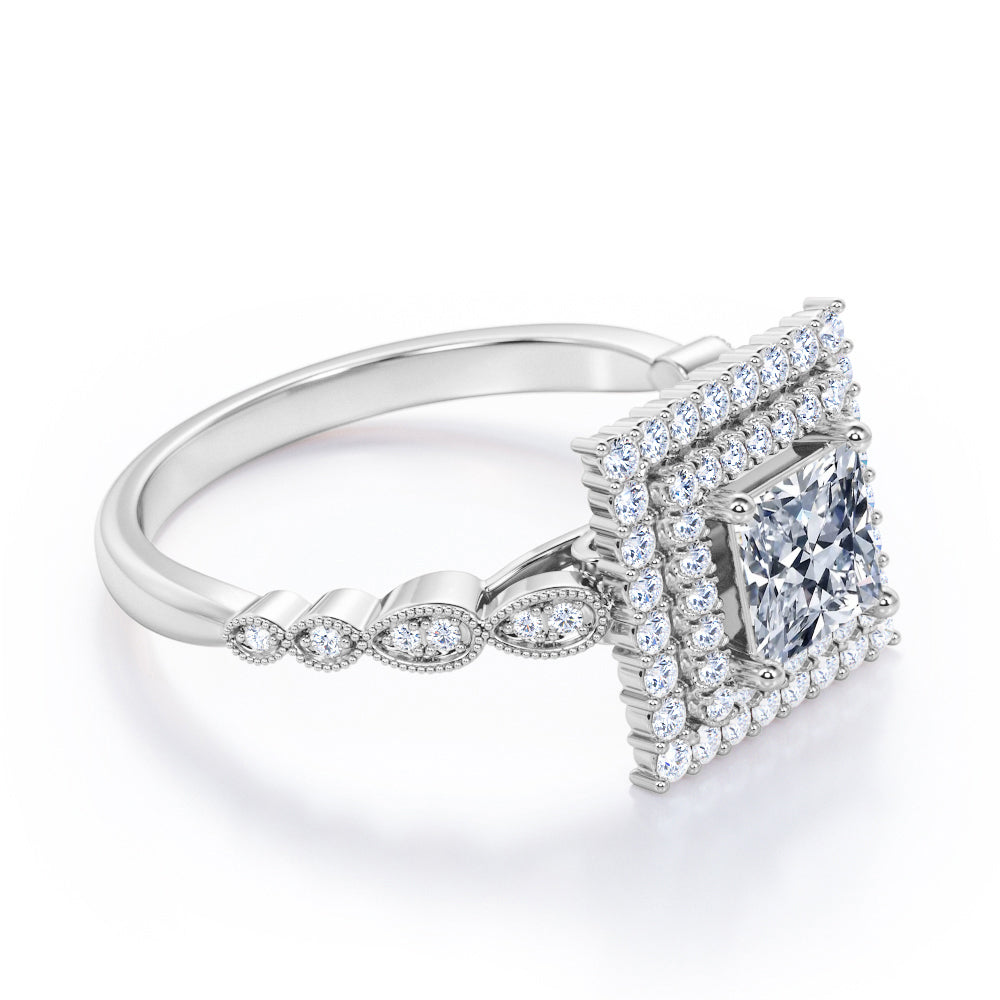 Antique inspired 1.75 carat Princess cut Moissanite and diamond double halo engagement ring in White gold