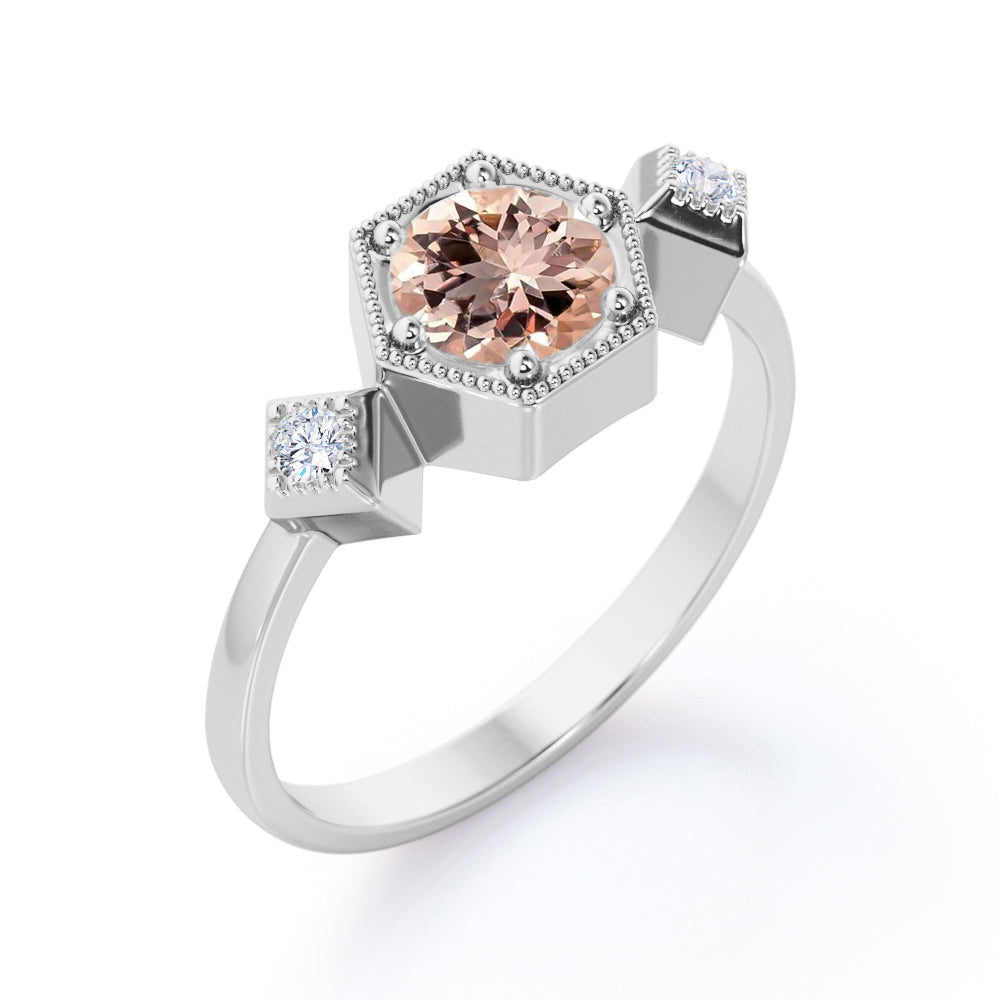 Classic Trinity 1.1 carat Round cut Peach pink Morganite and diamond petite milgrain engagement ring in White gold