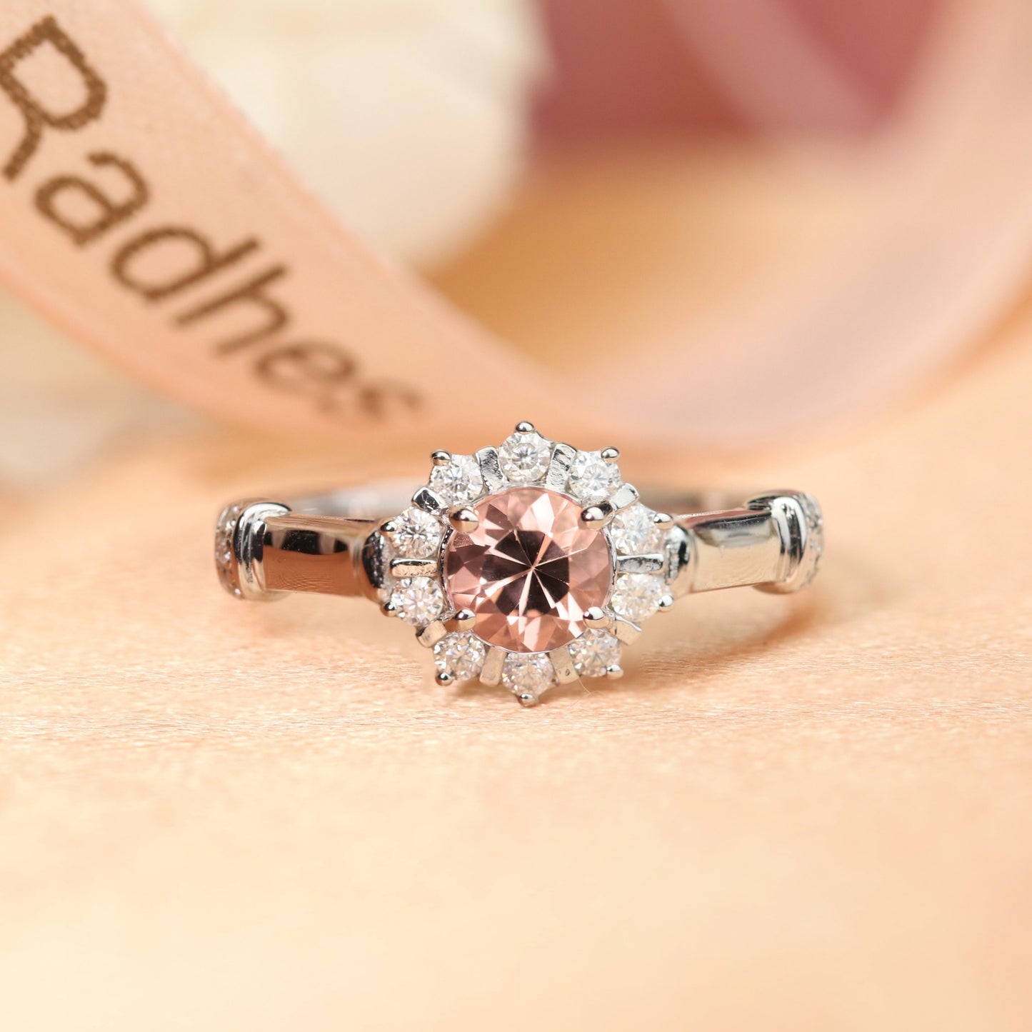 Classic multistone 1.15 carat Morganite Halo Engagement Wedding Ring in White Gold