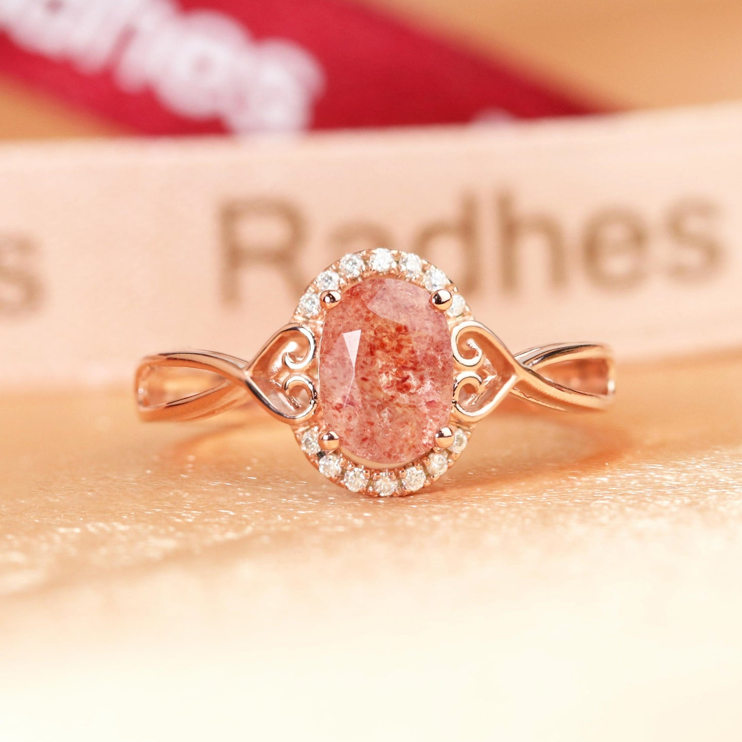 Semi-halo 1.15 carat Oval Cut Strawberry Quartz and Diamond Twisted Heart Shank Wedding Ring for Women in Rose Gold