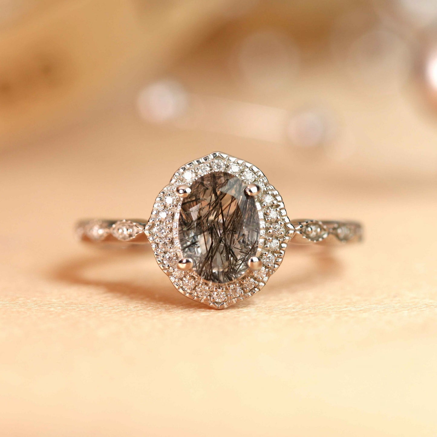 1.25 carat Oval Cut Rutilated Quartz and Diamond Vintage Halo Milgrain Wedding Ring in White Gold