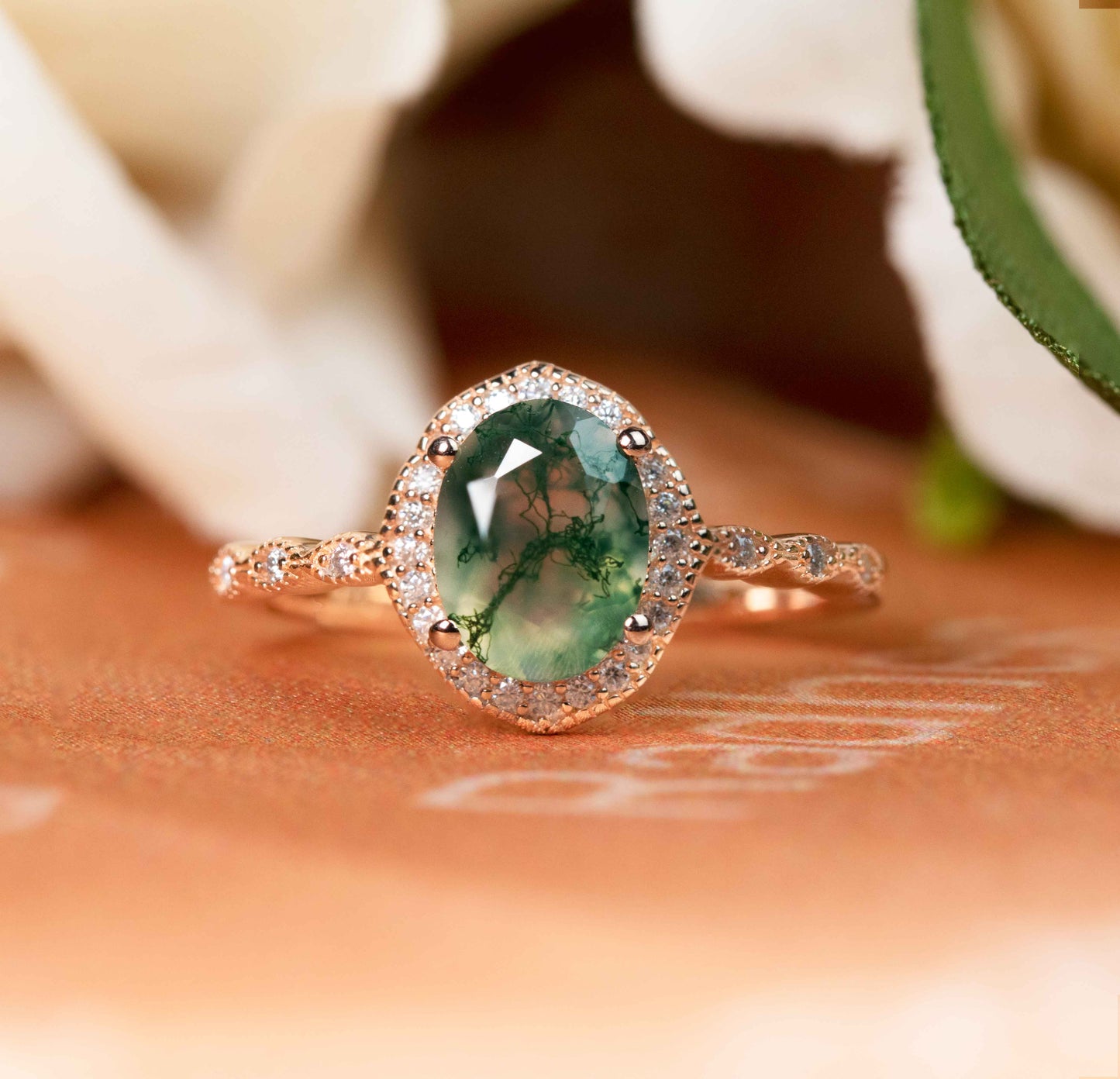1.3 carat Oval Cut Moss Green Agate and Diamond Vintage Halo Milgrain Wedding Ring in Rose Gold