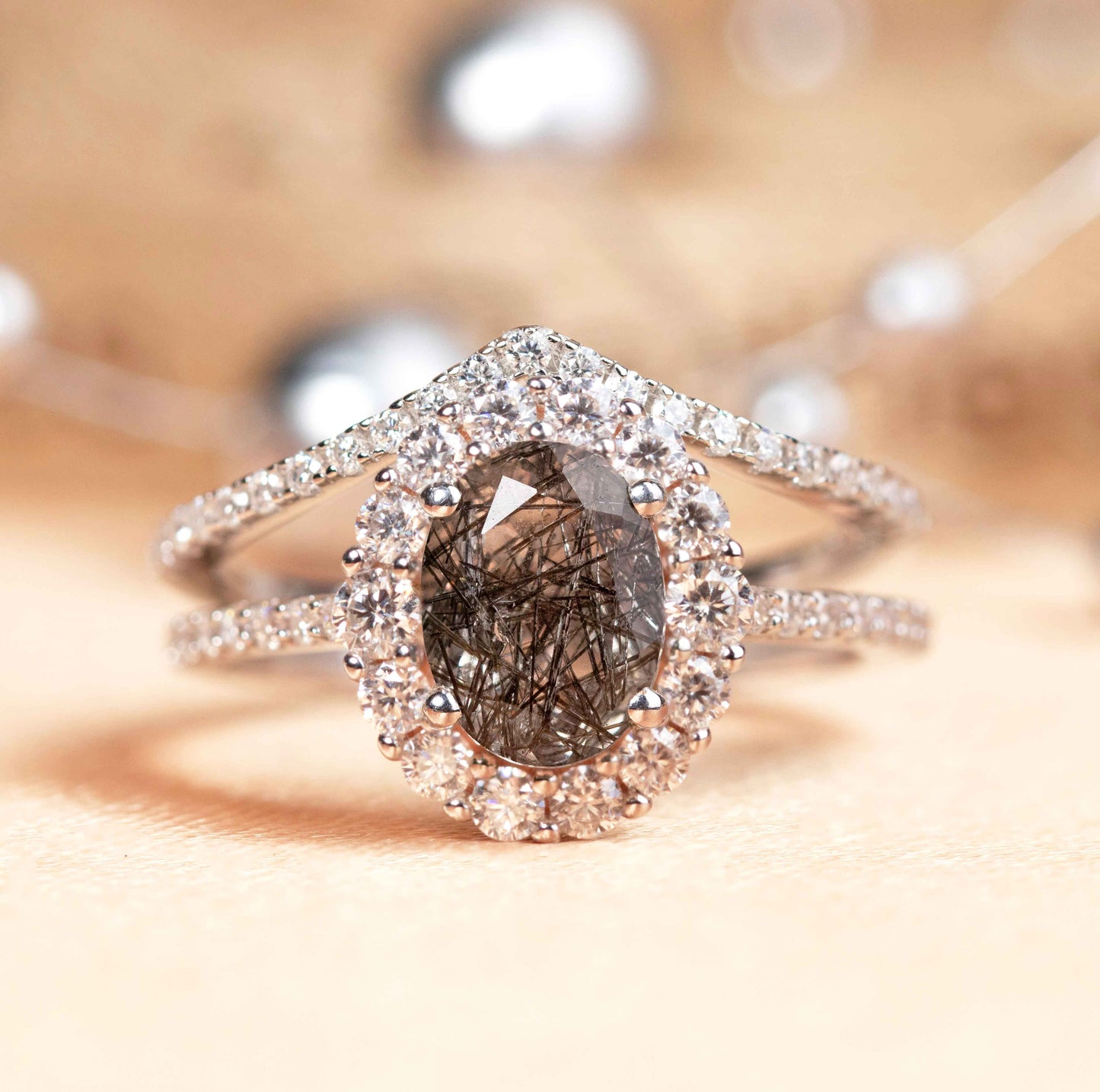1.75 carat Oval Shaped Rutilated Quartz and Half-pave Diamond Floral Halo Wedding Set with Matching Chevron Wedding Band in White Gold