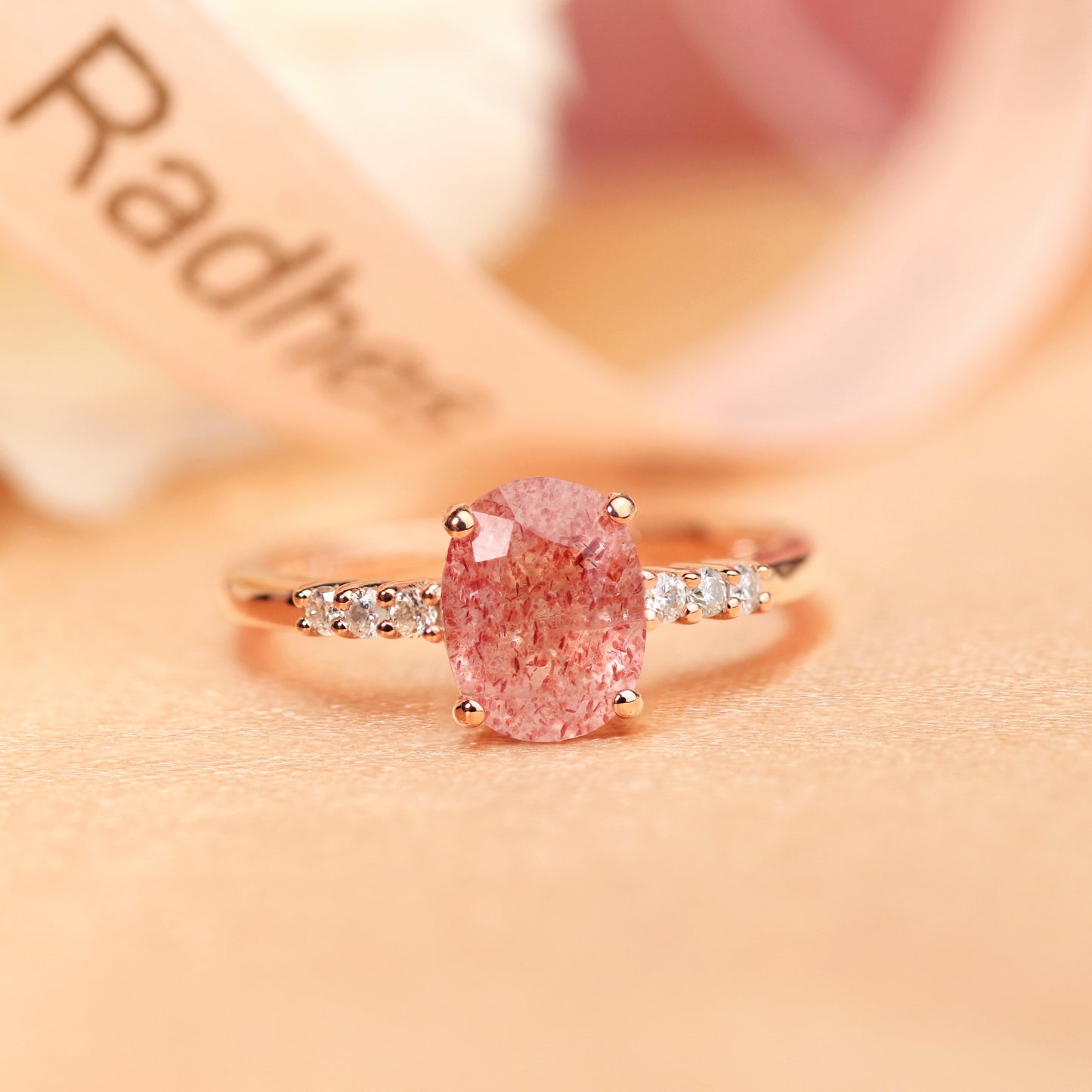 Classic 7 Stone 1.05 carat Oval Shaped Strawberry Quartz and Diamond Accent Bridal Ring For Women in Rose Gold