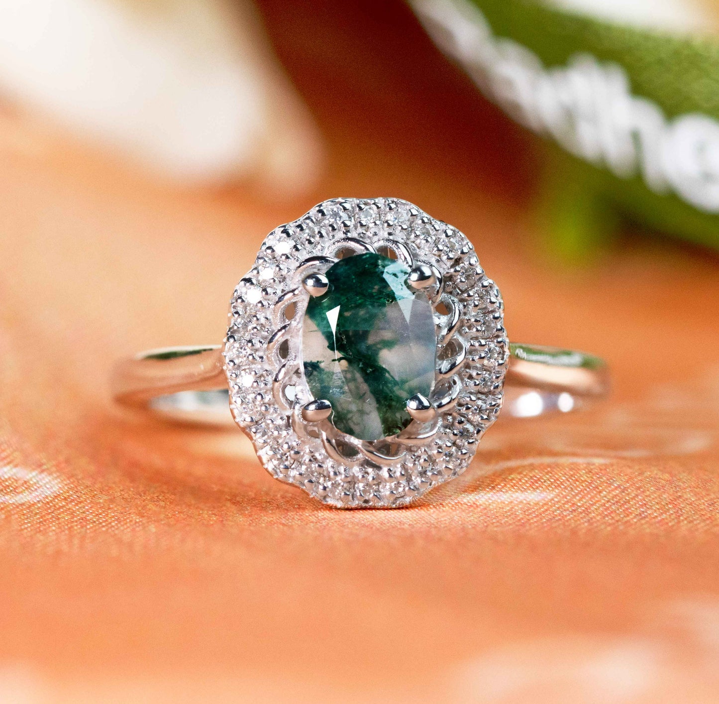 Sunflower 1.30 carat Oval Cut Moss Green Agate and Diamond Milgrain Halo Twist Frame Wedding Ring in White Gold