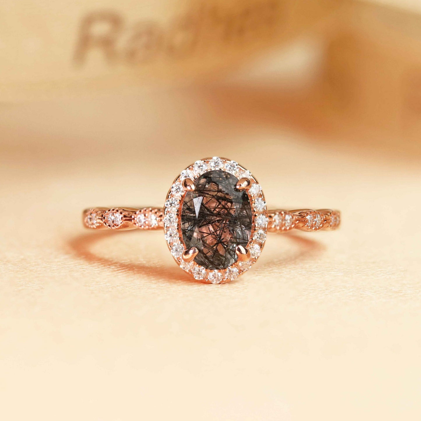 Halo 1.3 carat Oval Cut Rutilated Quartz and Diamond Marquise Milgrain Bezel Engagement Ring for Women in Rose Gold