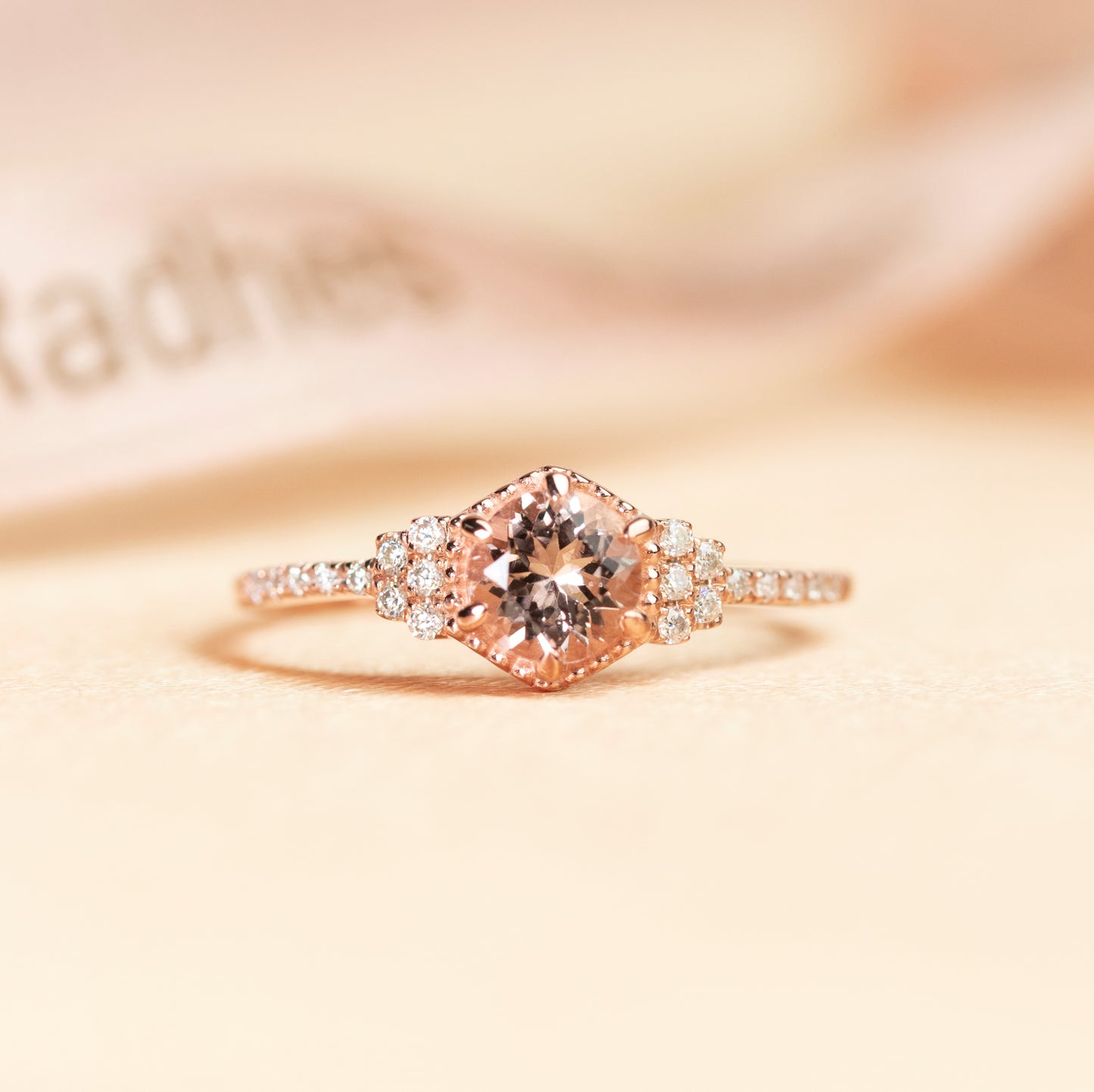 Unique 1.35 carat round cut peach pink Morganite Engagement Ring in Rose Gold