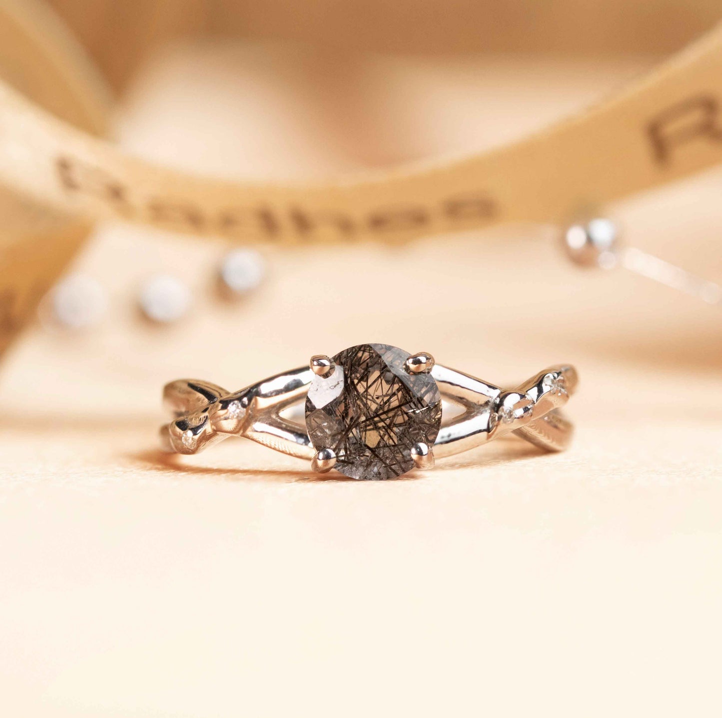 Twisted Split Shank 1 carat Round Cut Rutilated Quartz and Diamond Solitaire Ring in White Gold