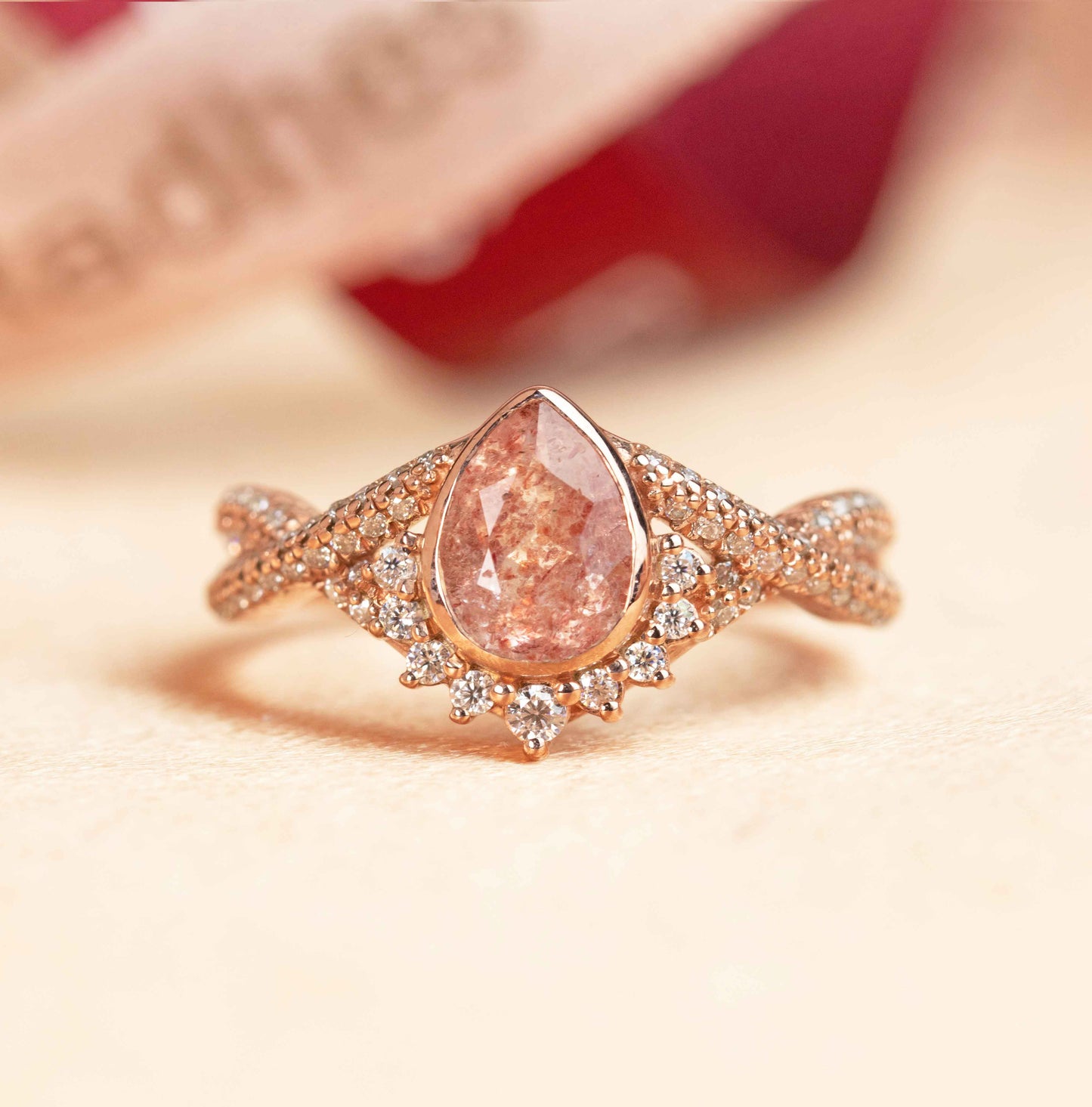 Half Halo 1.25 carat Pear Cut Strawberry Quartz and Diamond Semi-mount Twisted Shank Wedding Ring in Rose Gold
