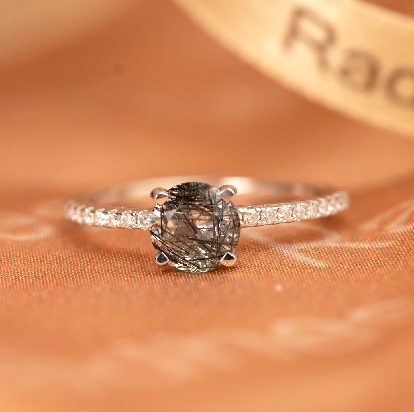 4 Prong 1.25 carat Round Cut Rutilated Quartz and Diamond Half-pave Solitaire Ring in White Gold