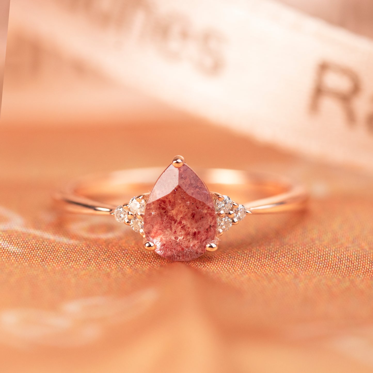 7 Stone 1.05 carat Tear Drop Cut Strawberry Quartz and Diamond Accent Plain Shank Wedding Ring in Rose Gold