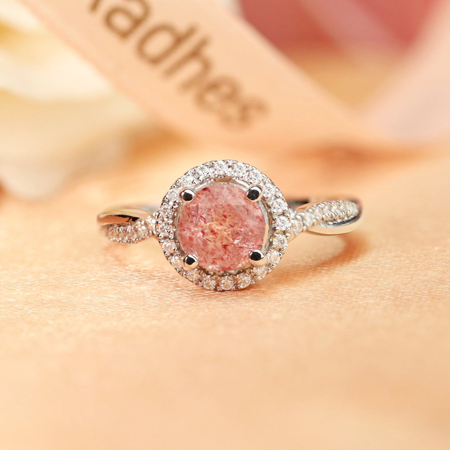 1.25 carat Round Cut Red Strawberry Quartz and Diamond Semi-pave Twisted Shank Halo Ring for Women in White Gold
