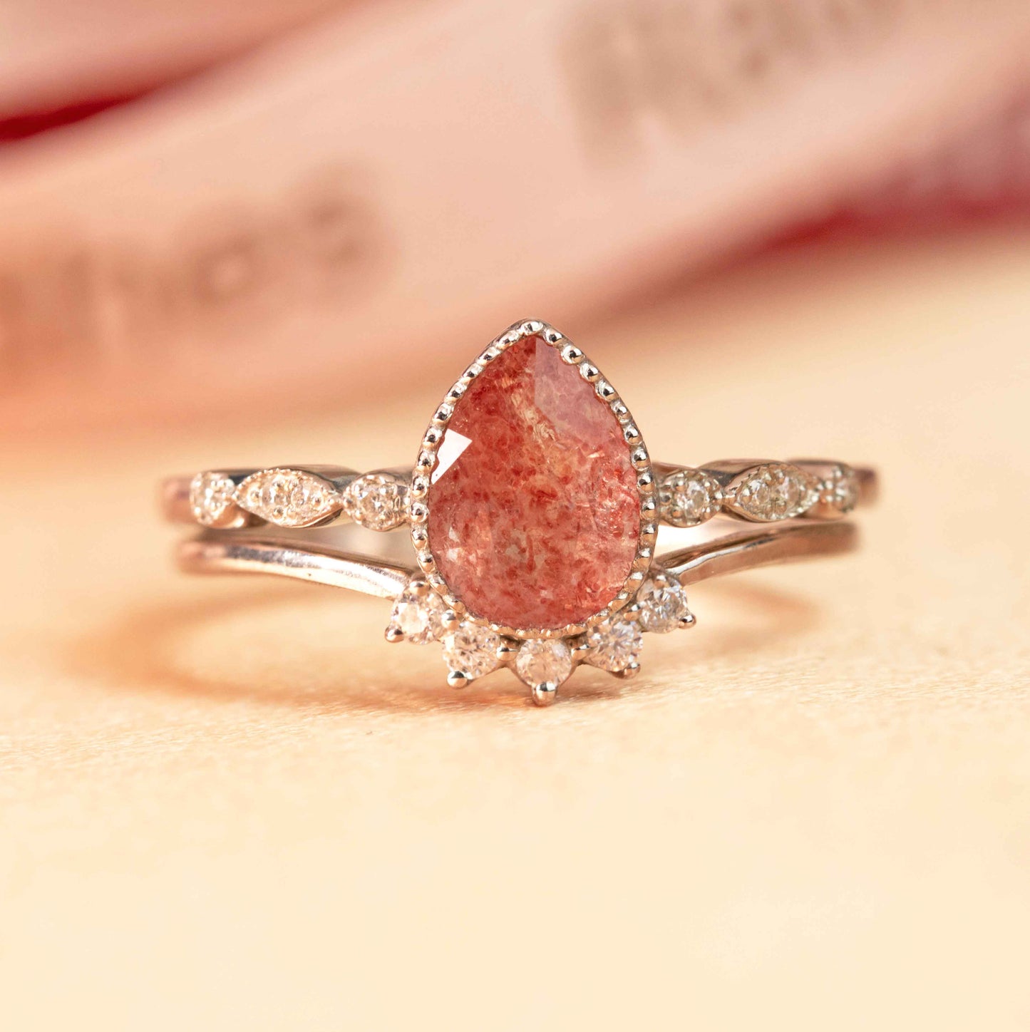 Bezel 1.25 carat Pear Cut Red Strawberry Quartz and Diamond Milgrain Chevron Tiara Wedding Ring Set in White Gold