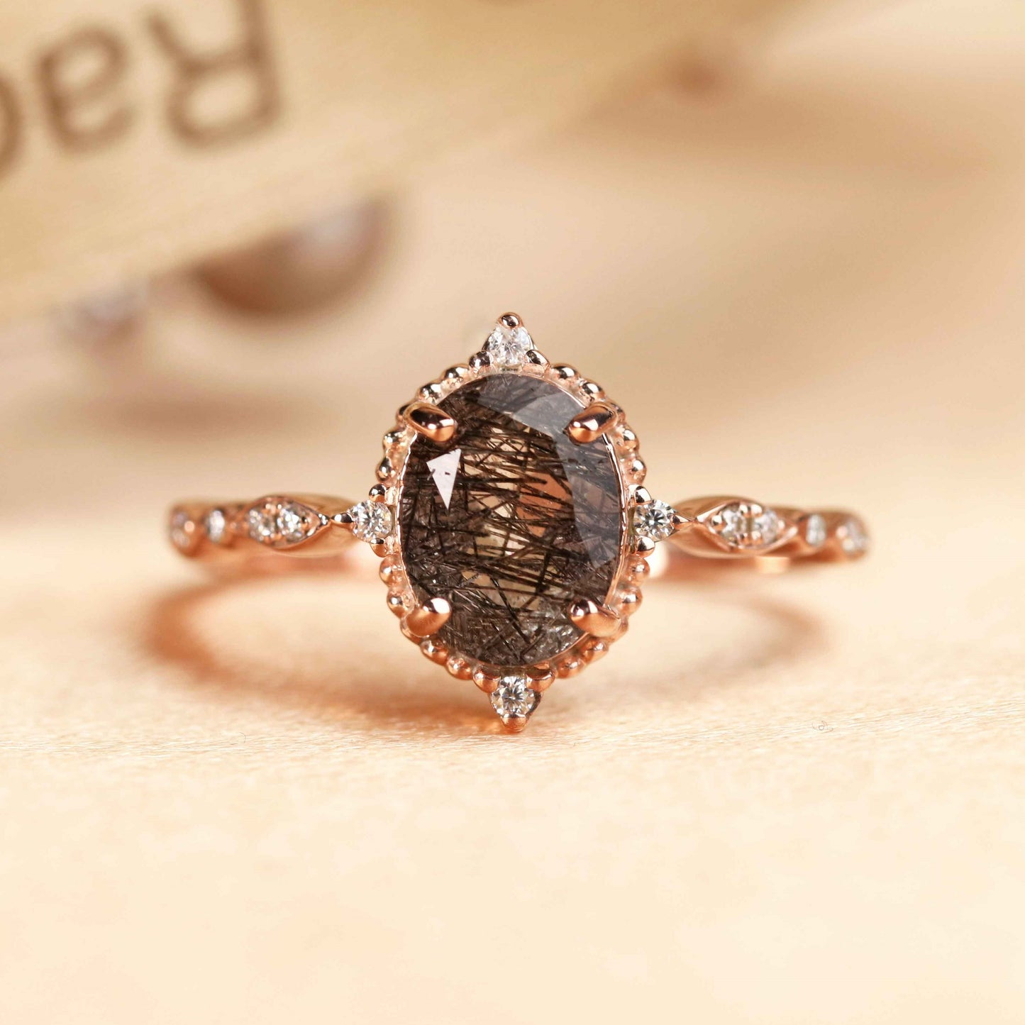 Huge Star 1.25 carat Oval Cut Rutilated Quartz and Diamond Marquise and Dot Bezel Ring in Rose Gold