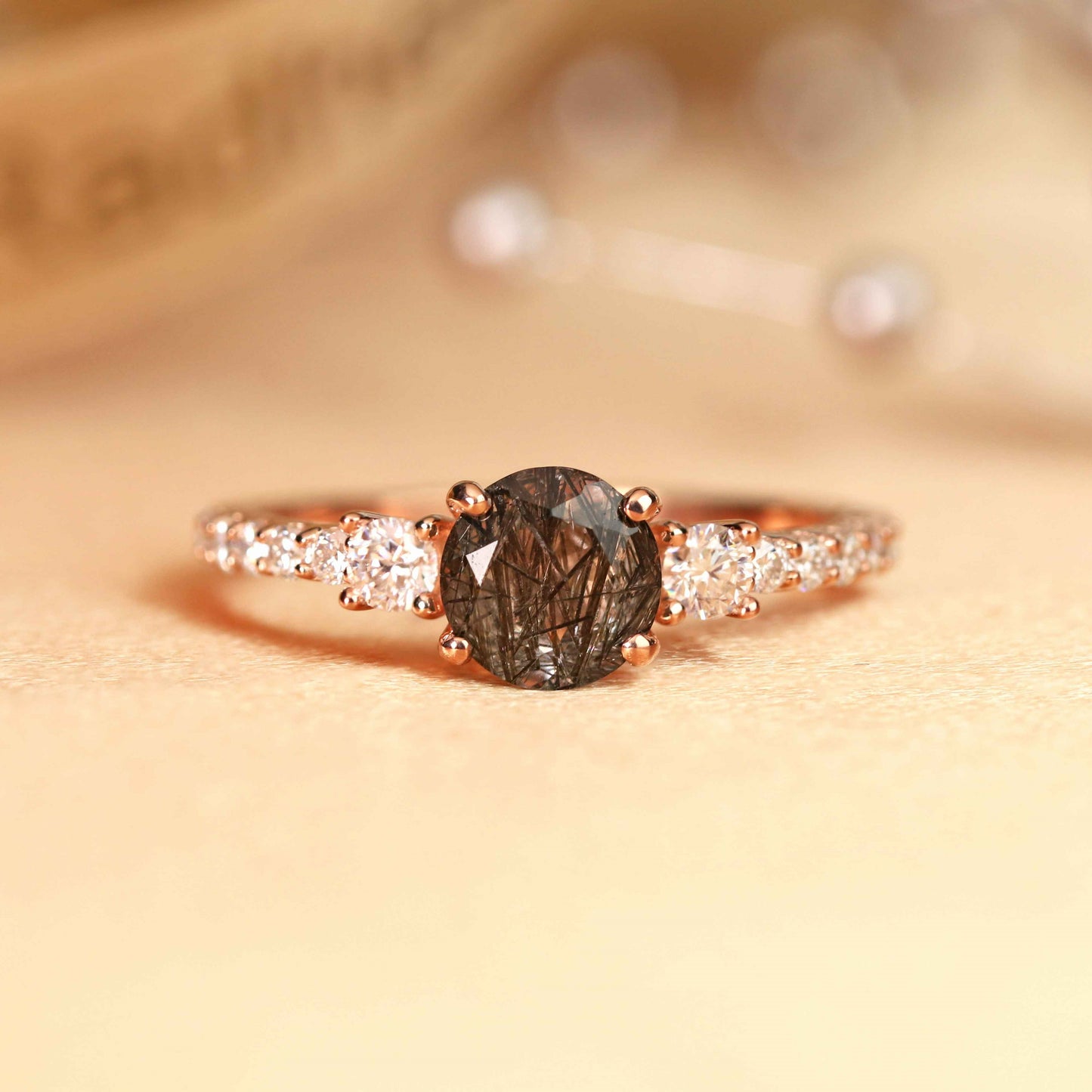 Dainty 3 Stone 1.25 carat  Round Cut Rutilated Quartz and Diamond Semi-pave Engagement Ring in Rose Gold