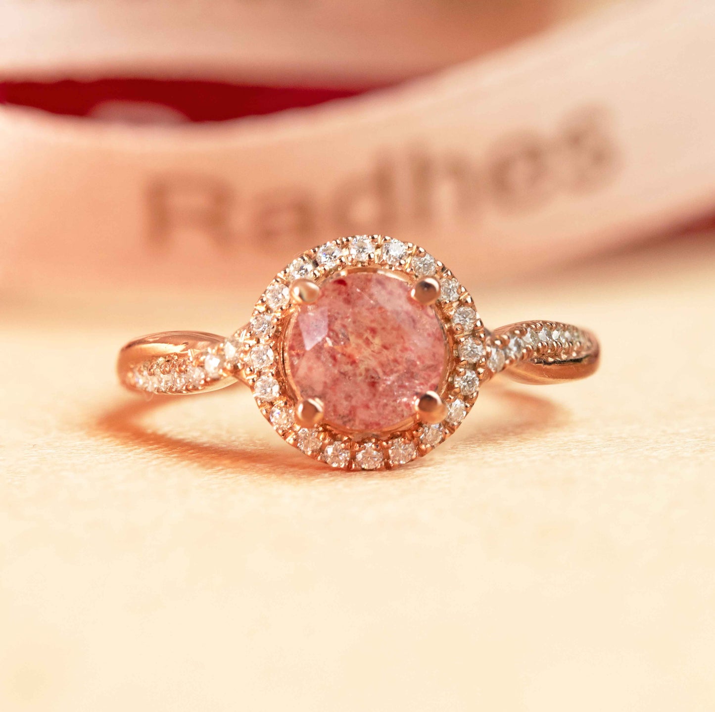 Pave Halo 1.25 carat Round Shaped Strawberry Quartz and Diamond Twist Shank Women's Ring in Rose Gold
