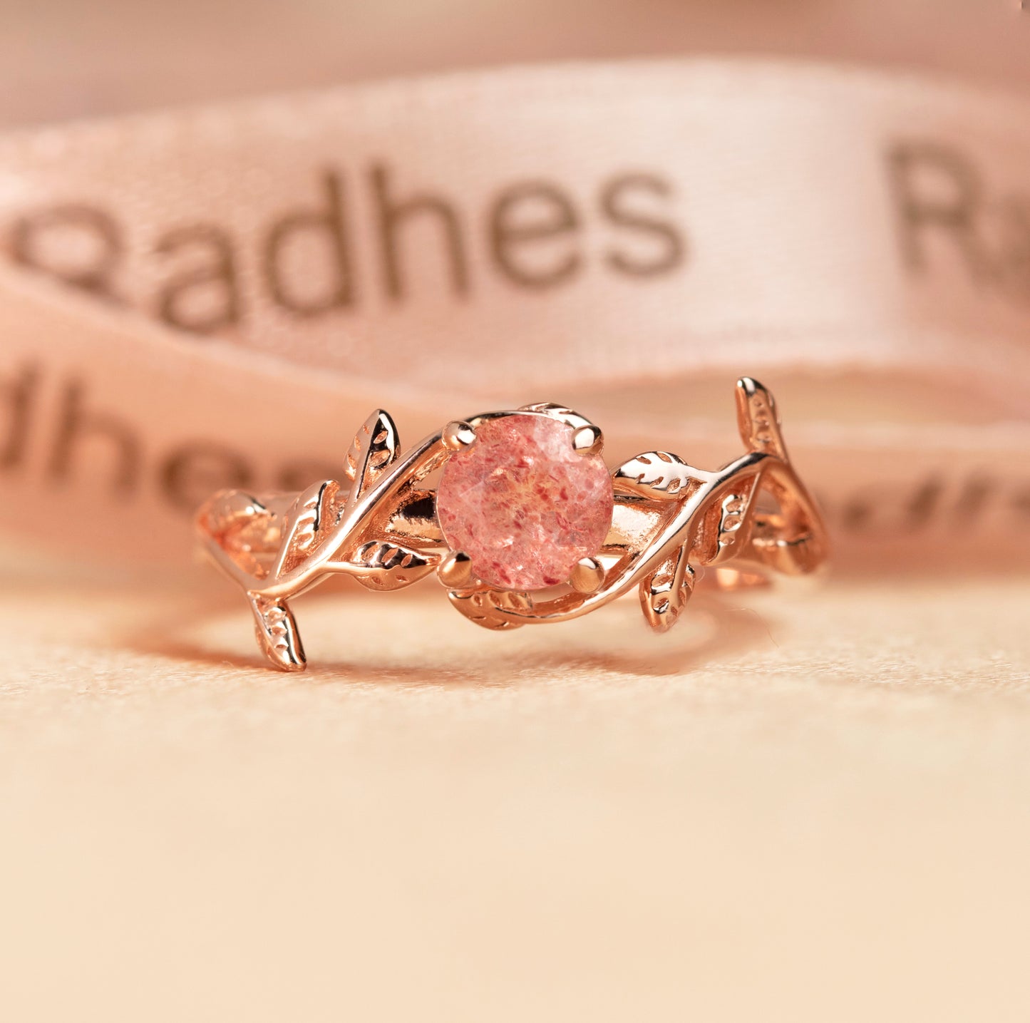 Dainty Vine 1 carat Round Shaped Strawberry Quartz Solitaire Ring in Rose Gold