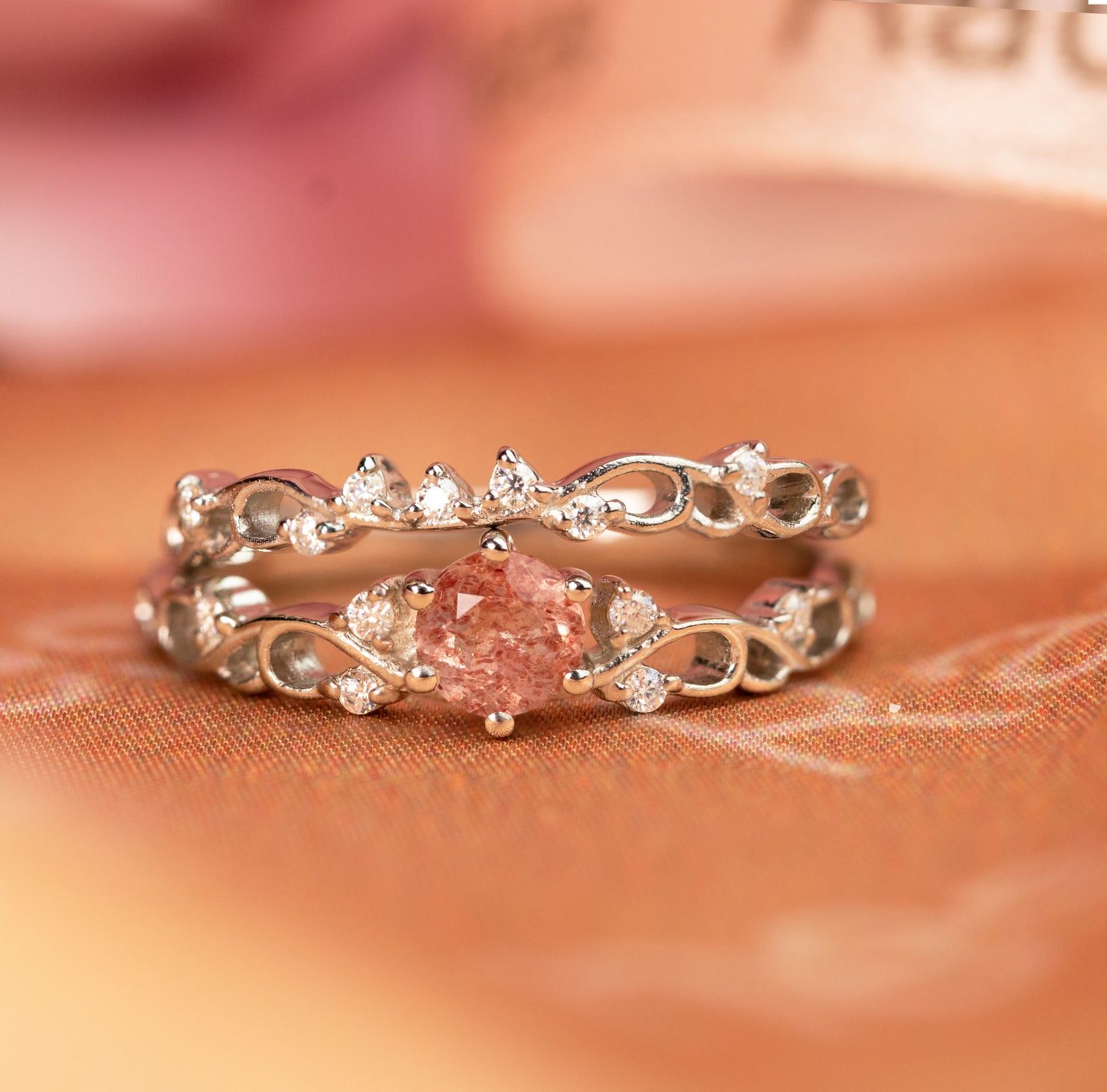 Vintage-inspired 0.7 carat Round Shaped Strawberry Quartz and Diamond Accent Delicate Female Wedding Ring Set in White Gold