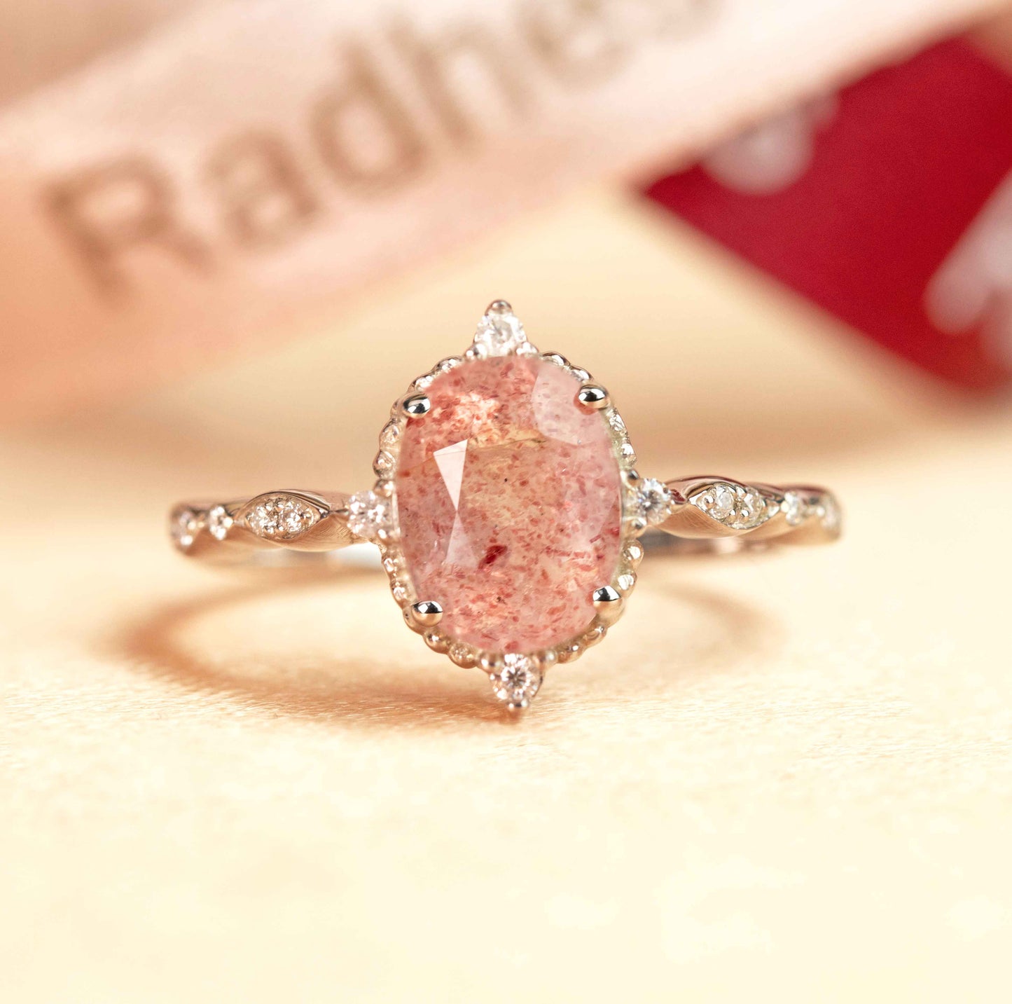 Huge Star 1.1 carat Oval Cut Red Strawberry Quartz and Diamond Marquise and Dot Bezel Ring for Women in White Gold