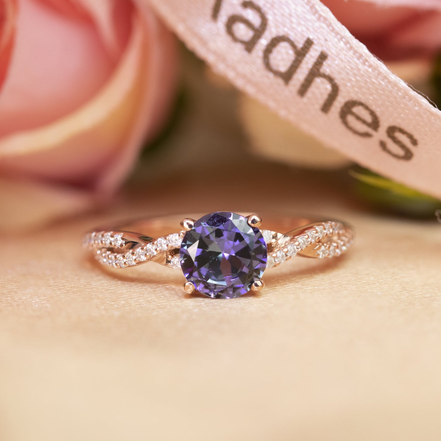 Double Pave 1.25 carat Round Shaped Alexandrite and Diamond Twisted Bridal Ring in Rose Gold