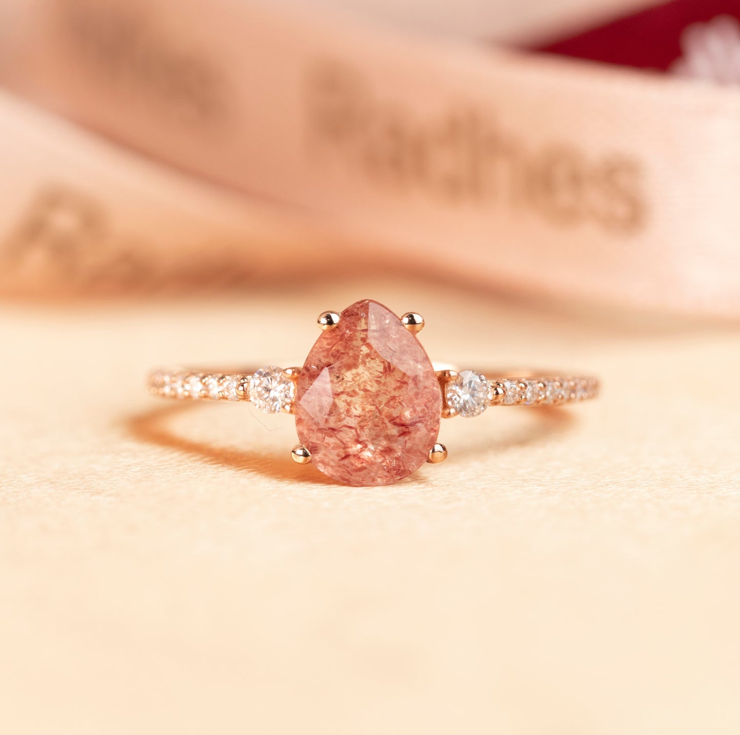 Three Stone 1.25 carat Pear Cut Strawberry Quartz and Diamond Accent Half-pave Wedding Ring for Women in Rose Gold