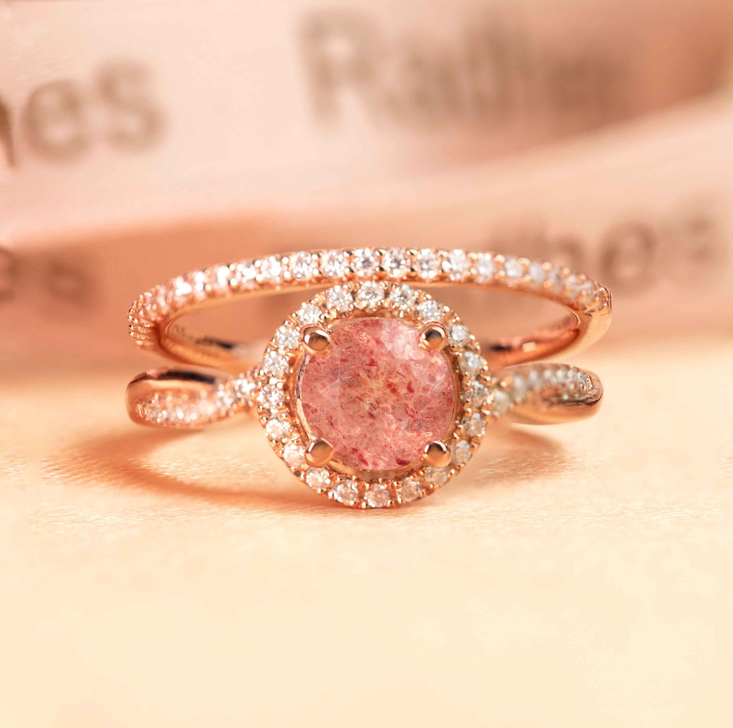 Twist Shank 1.5 carat Round Cut Strawberry Quartz and Diamond Pave Halo Ring Set for Women in Rose Gold