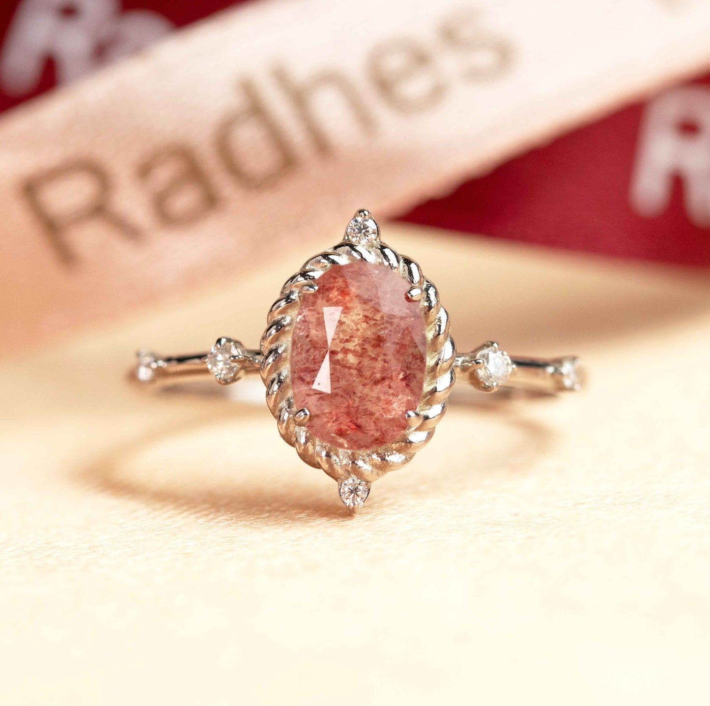 Swirl 1.05 carat Oval Cut Red Strawberry Quartz and Diamond Accent Vintage Ring in White Gold