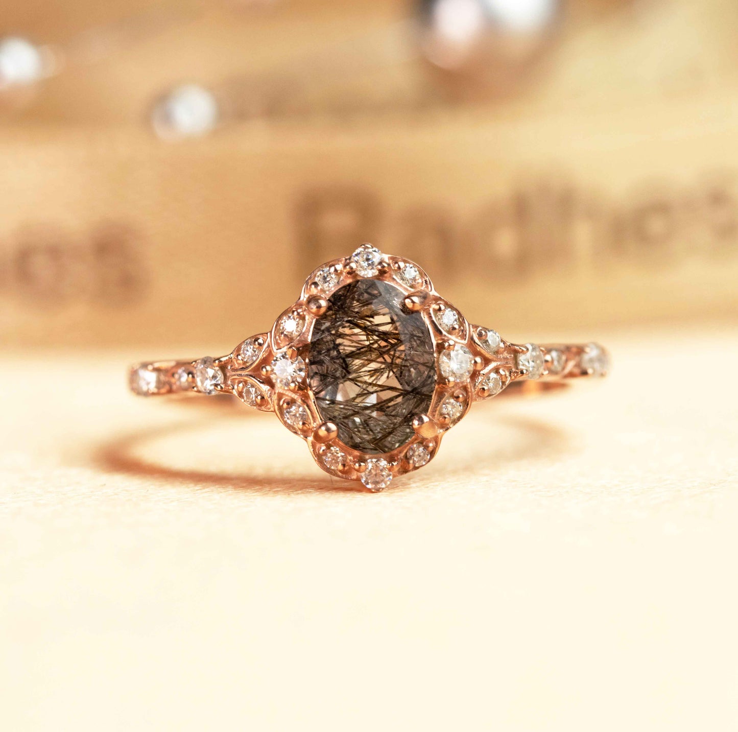 Unique Vintage 1.45 carat Oval Cut Rutilated Quartz and Diamond Halo Ring in Rose Gold