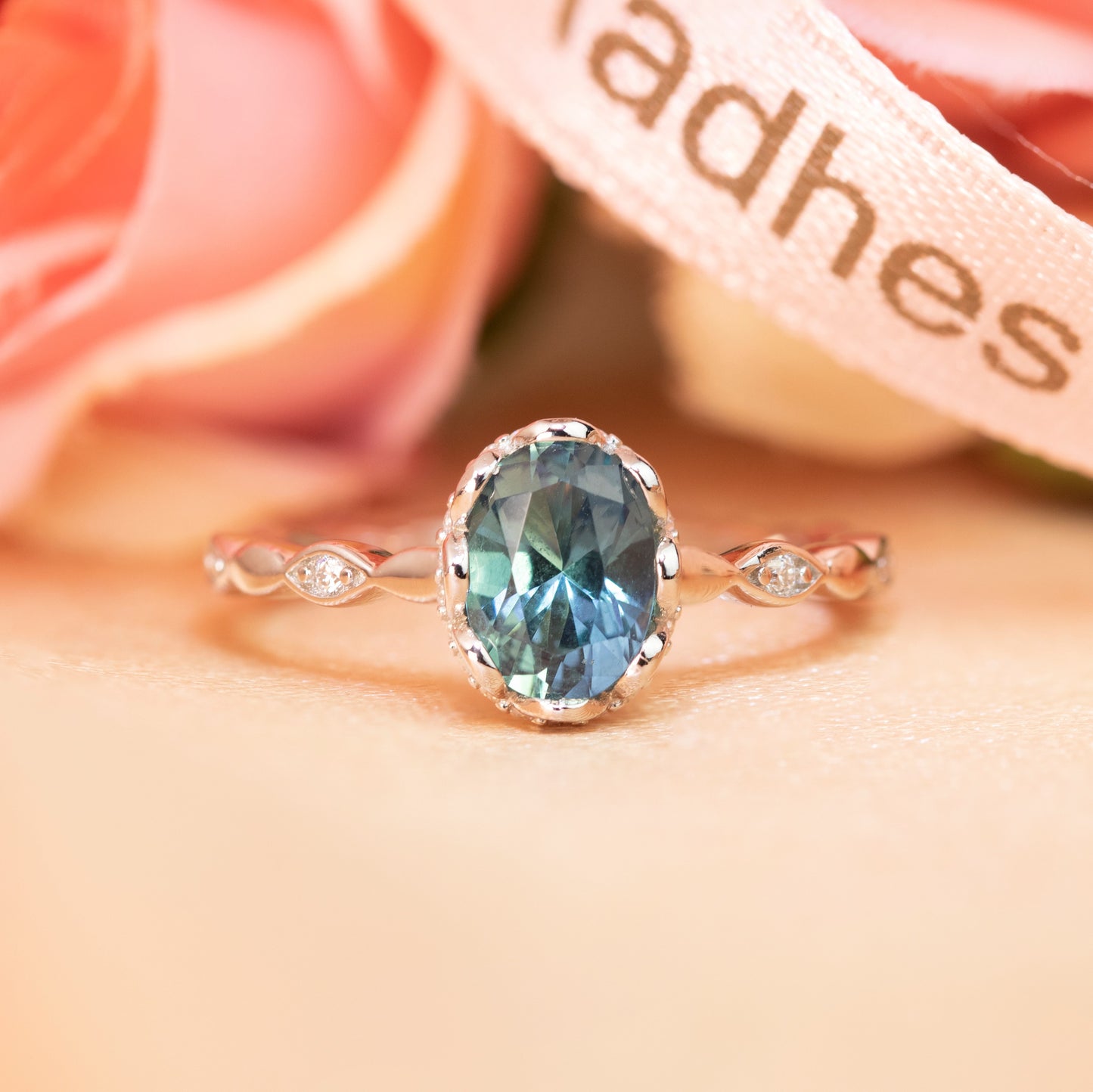 Unique 1.1 carat Oval Shaped Alexandrite and Diamond Halo Scalloped Engagement Ring in White Gold