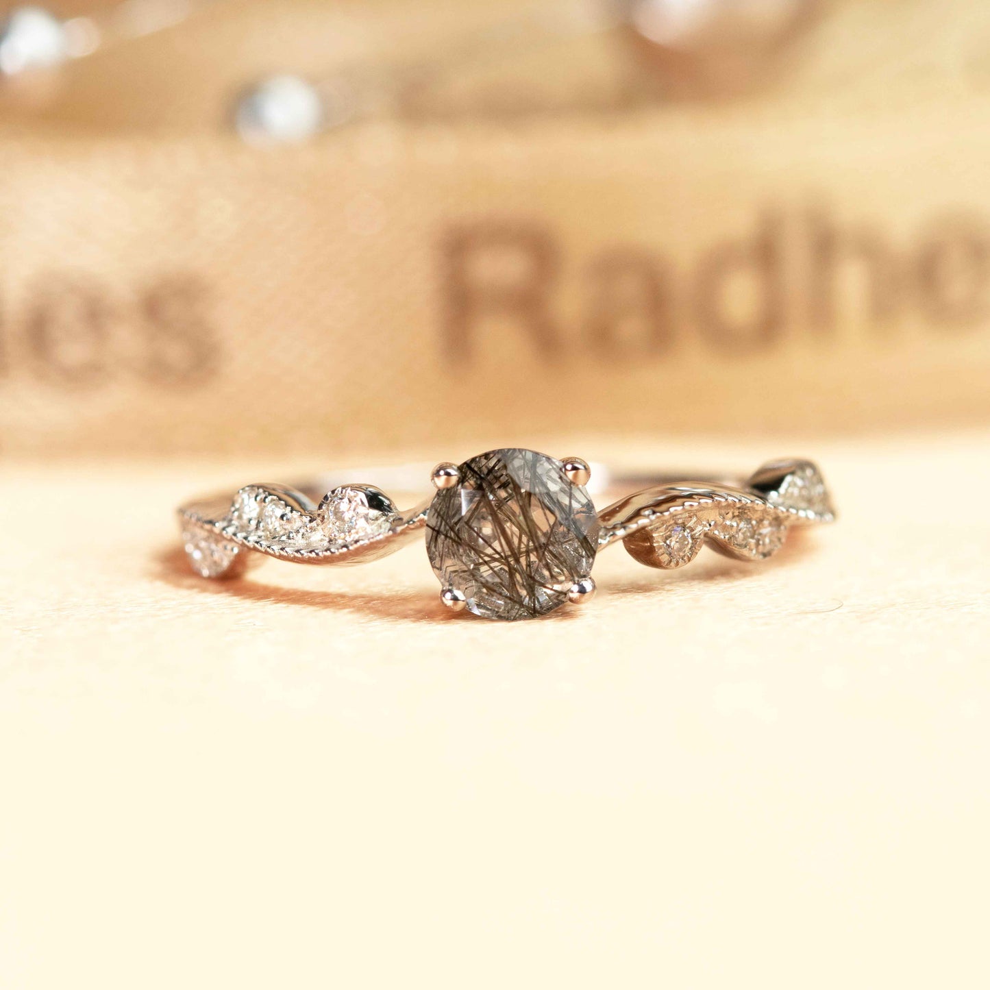 Delicate 1.15 carat Round Cut Rutilated Quartz and Diamond Milgrain Scrollwork Ring in White Gold