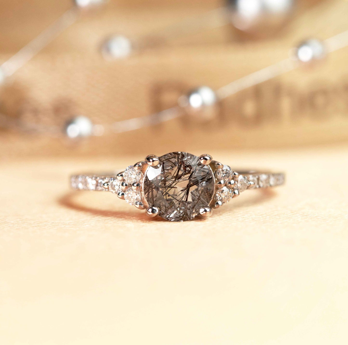 7 Stone 1.25 carat Round Cut Rutilated Quartz and Diamond Semi-mount Bridal Ring in White Gold