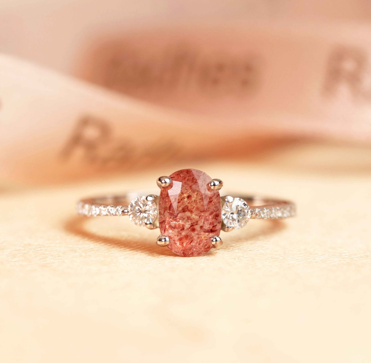 Classic Three Stone 1.25 carat Oval Cut Red Strawberry Quartz and Diamond Half-pave Bridal Ring in White Gold