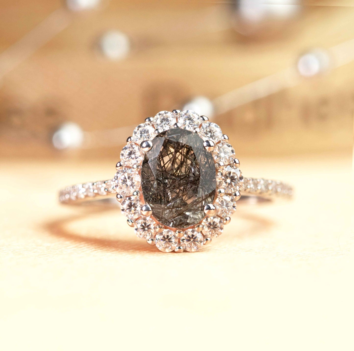 Classic Floral Halo 1.5 carat Oval Cut Rutilated Quartz and Half-pave Diamond Ring for Women in White Gold