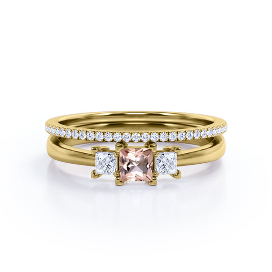 Triple stone 0.85 carat Princess cut Pink Morganite and diamond eternity wedding ring set for women in Yellow gold