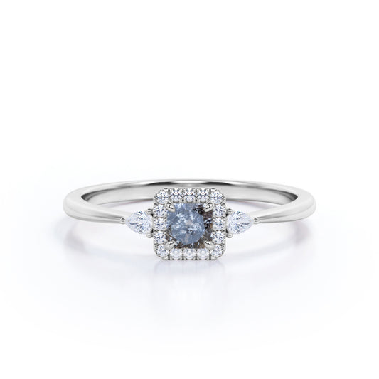 Pinched Shank style 0.75 carat Round cut Salt and pepper diamond and diamond trilogy engagement ring in White gold