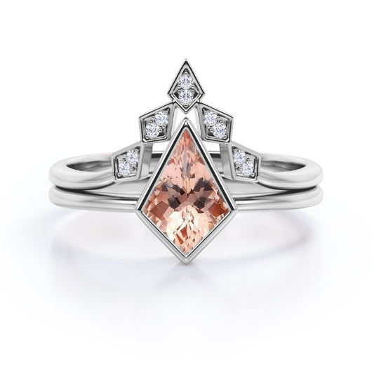 Antique Bezel Tiara 1.15 carat Kite Shaped Morganite and diamond wedding ring set for women in White gold