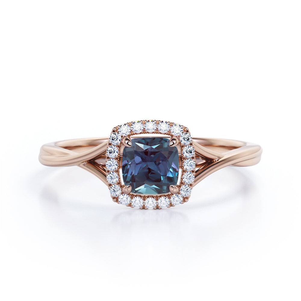 Eccentric Split Shank 1.25 carat Cushion Cut Lab made Alexandrite and diamond vintage inspired engagement ring in Rose gold