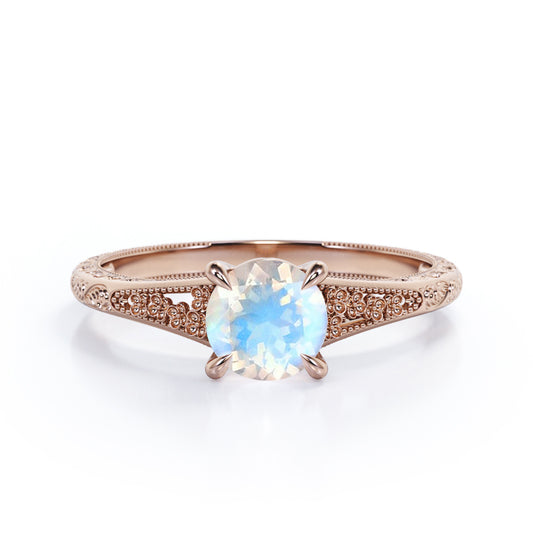 Solitaire 1 carat Round cut Moonstone claw prong setting-filigree split shank engagement ring in Rose gold