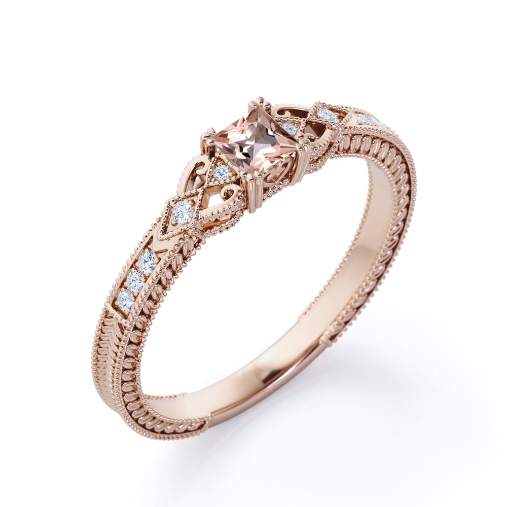 Exquisite leaf filigree and Milgrain 0.75 carat Princess cut intricate engagement rings in rose gold