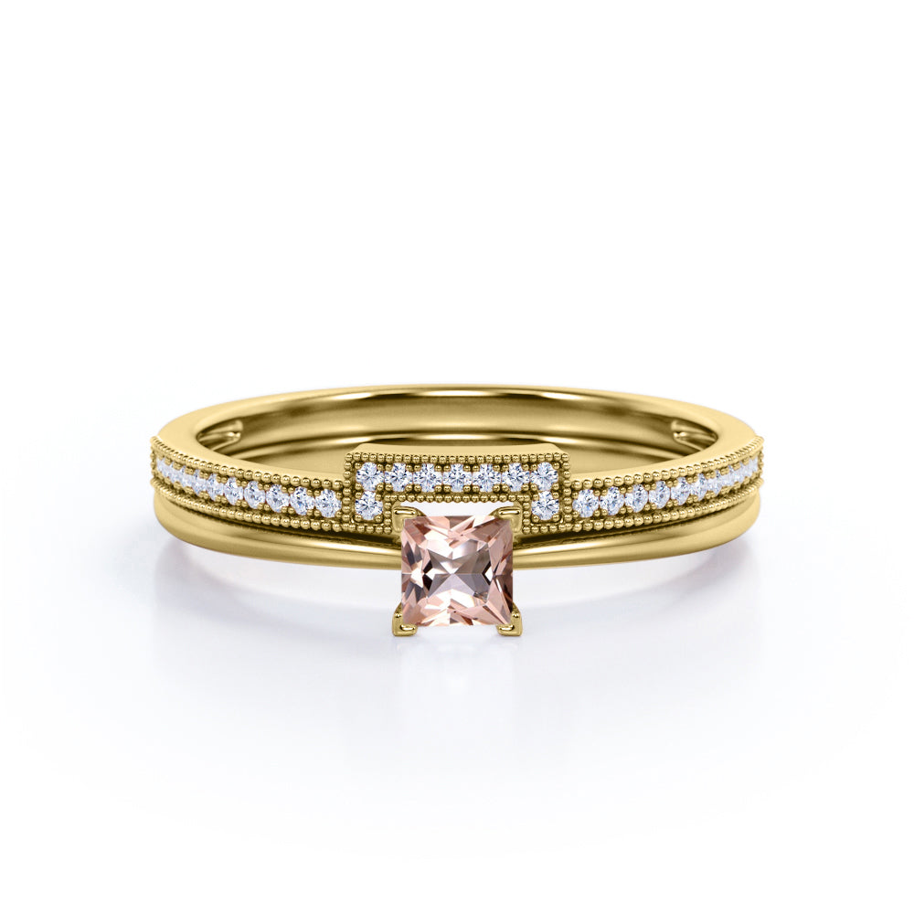 Eternity 0.75 carat Princess cut Pink Morganite and diamond Solitaire Bridal wedding ring set in Yellow gold