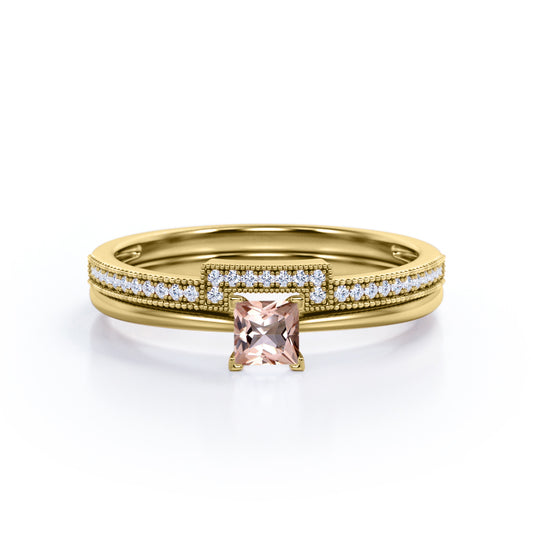 Eternity 0.75 carat Princess cut Pink Morganite and diamond Solitaire Bridal wedding ring set in Yellow gold