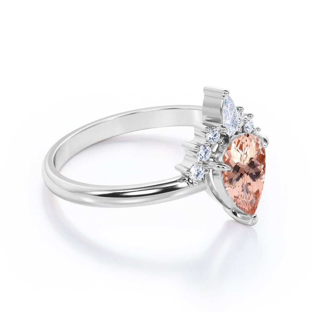 Lovely Tiara 1.15 carat Pear Shaped Peach Pink Morganite and diamond vintage engagement ring in White gold