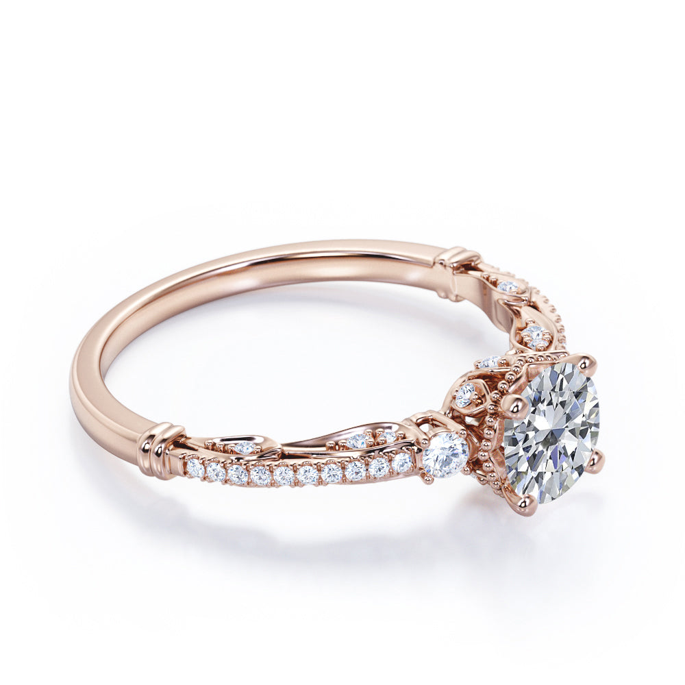 Triple stone 1.35 carat Round cut Moissanite and diamond art deco inspired engagement ring in Rose gold